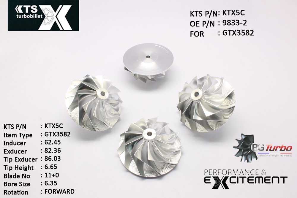 Turbo ROUE FORGÉE MFS PERFORMANCE - 11+0 PALES - INDUCER : 62,45 - EXDUCER : 82,36 - TYPE : GTX3582ANGLE : 50° - ROTATION : Forward - SUPER BACK : 2,3497 - BORE SIZE : 6,35
